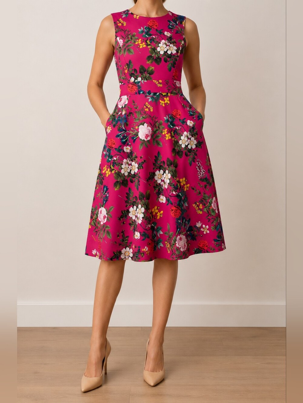 Calvin Klein Floral Fit & Flare Dress Sz 4 Pink Sleeveless A-Line Pocket - Picture 1 of 10